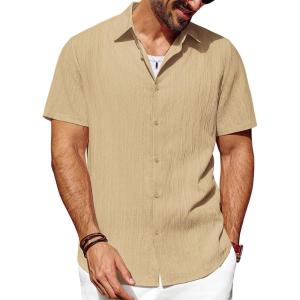imagePJ PAUL JONES Mens Casual Button Down Shirt Short Sleeve Untucked Summer Shirts Fashion Textured Beach ShirtKhaki