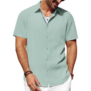 imagePJ PAUL JONES Mens Casual Button Down Shirt Short Sleeve Untucked Summer Shirts Fashion Textured Beach ShirtLight Green