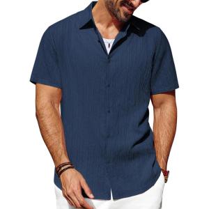 imagePJ PAUL JONES Mens Casual Button Down Shirt Short Sleeve Untucked Summer Shirts Fashion Textured Beach ShirtNavy Blue
