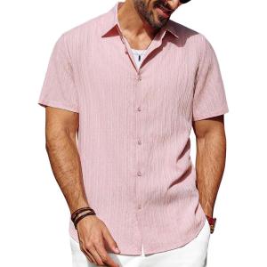 imagePJ PAUL JONES Mens Casual Button Down Shirt Short Sleeve Untucked Summer Shirts Fashion Textured Beach ShirtPink
