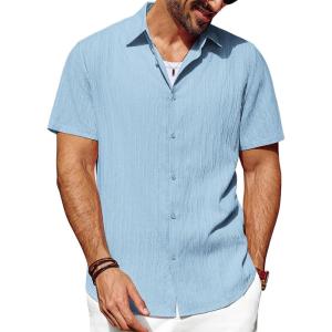 imagePJ PAUL JONES Mens Casual Button Down Shirt Short Sleeve Untucked Summer Shirts Fashion Textured Beach ShirtSky Blue