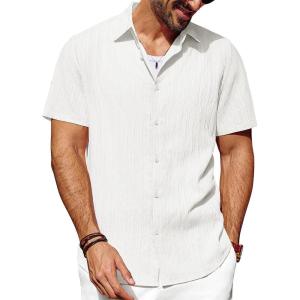 imagePJ PAUL JONES Mens Casual Button Down Shirt Short Sleeve Untucked Summer Shirts Fashion Textured Beach ShirtWhite