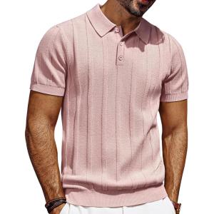 imagePJ PAUL JONES Mens Polo Shirts Short Sleeve Textured Knit Polo Shirt Ribbed Casual Golf ShirtsPink