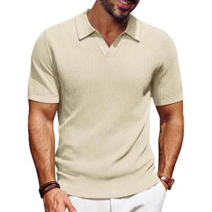 imagePJ PAUL JONES Mens Polo Shirts Short Sleeve VNeck Ribbed Polo Shirt Casual Breathable Knit PoloApricot