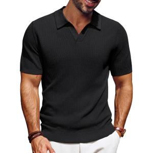 imagePJ PAUL JONES Mens Polo Shirts Short Sleeve VNeck Ribbed Polo Shirt Casual Breathable Knit PoloBlack