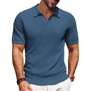 imagePJ PAUL JONES Mens Polo Shirts Short Sleeve VNeck Ribbed Polo Shirt Casual Breathable Knit PoloBlue