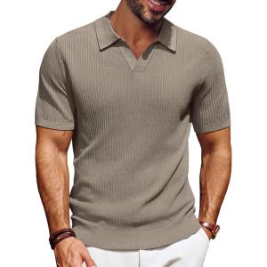 imagePJ PAUL JONES Mens Polo Shirts Short Sleeve VNeck Ribbed Polo Shirt Casual Breathable Knit PoloCamel