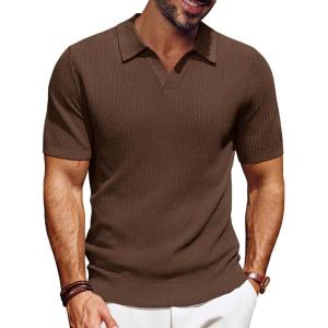 imagePJ PAUL JONES Mens Polo Shirts Short Sleeve VNeck Ribbed Polo Shirt Casual Breathable Knit PoloCoffee
