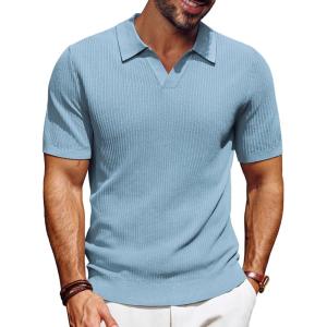 imagePJ PAUL JONES Mens Polo Shirts Short Sleeve VNeck Ribbed Polo Shirt Casual Breathable Knit PoloLight Blue