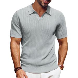 imagePJ PAUL JONES Mens Polo Shirts Short Sleeve VNeck Ribbed Polo Shirt Casual Breathable Knit PoloLight Gray