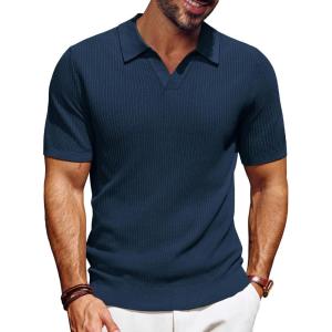 imagePJ PAUL JONES Mens Polo Shirts Short Sleeve VNeck Ribbed Polo Shirt Casual Breathable Knit PoloNavy Blue