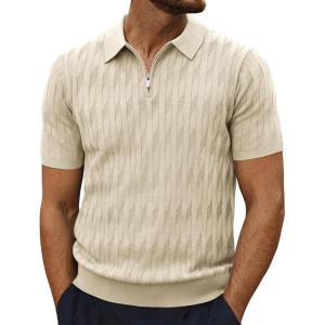 imagePJ PAUL JONES Mens Quarter Zip Polo Shirts Short Sleeve Textured Knit Polo T Shirt Business Casual Golf ShirtsApricot