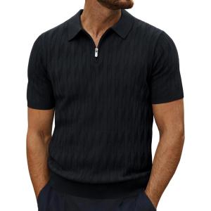 imagePJ PAUL JONES Mens Quarter Zip Polo Shirts Short Sleeve Textured Knit Polo T Shirt Business Casual Golf ShirtsBlack