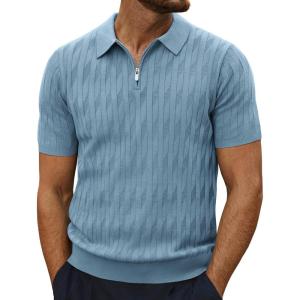 imagePJ PAUL JONES Mens Quarter Zip Polo Shirts Short Sleeve Textured Knit Polo T Shirt Business Casual Golf ShirtsBlue