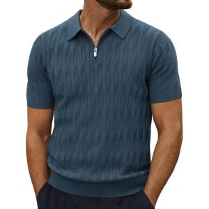 imagePJ PAUL JONES Mens Quarter Zip Polo Shirts Short Sleeve Textured Knit Polo T Shirt Business Casual Golf ShirtsBlue Gray