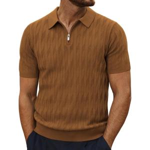 imagePJ PAUL JONES Mens Quarter Zip Polo Shirts Short Sleeve Textured Knit Polo T Shirt Business Casual Golf ShirtsBrown