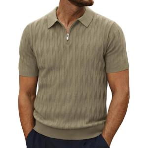 imagePJ PAUL JONES Mens Quarter Zip Polo Shirts Short Sleeve Textured Knit Polo T Shirt Business Casual Golf ShirtsCamel