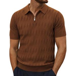 imagePJ PAUL JONES Mens Quarter Zip Polo Shirts Short Sleeve Textured Knit Polo T Shirt Business Casual Golf ShirtsCaramel