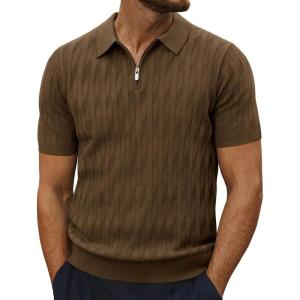 imagePJ PAUL JONES Mens Quarter Zip Polo Shirts Short Sleeve Textured Knit Polo T Shirt Business Casual Golf ShirtsCoffee