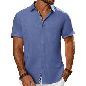 imagePJ PAUL JONES Mens Short Sleeve Button Down Shirts Casual Beach Summer Vacation ShirtsDenim Blue