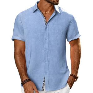 imagePJ PAUL JONES Mens Short Sleeve Button Down Shirts Casual Beach Summer Vacation ShirtsLight Denim Blue
