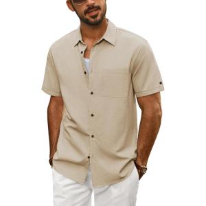 imagePJ PAUL JONES Mens Short Sleeve Button Down Shirts Lightweight Cotton Shirt Casual Summer Shirts for MenBeige