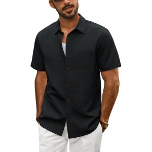 imagePJ PAUL JONES Mens Short Sleeve Button Down Shirts Lightweight Cotton Shirt Casual Summer Shirts for MenBlack
