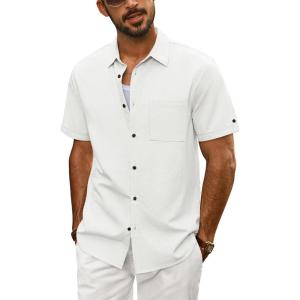 imagePJ PAUL JONES Mens Short Sleeve Button Down Shirts Lightweight Cotton Shirt Casual Summer Shirts for MenWhite