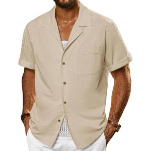 imagePJ PAUL JONES Mens Short Sleeve Button Down Shirts Untuckit Cuban Casual Shirt with Pocket for Summer BeachApricot
