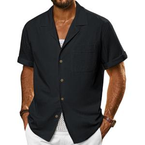 imagePJ PAUL JONES Mens Short Sleeve Button Down Shirts Untuckit Cuban Casual Shirt with Pocket for Summer BeachBlack