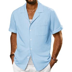 imagePJ PAUL JONES Mens Short Sleeve Button Down Shirts Untuckit Cuban Casual Shirt with Pocket for Summer BeachBlue