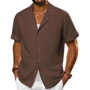 imagePJ PAUL JONES Mens Short Sleeve Button Down Shirts Untuckit Cuban Casual Shirt with Pocket for Summer BeachBrown