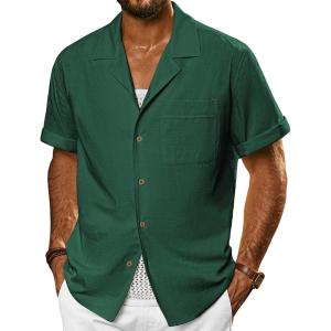 imagePJ PAUL JONES Mens Short Sleeve Button Down Shirts Untuckit Cuban Casual Shirt with Pocket for Summer BeachGreen