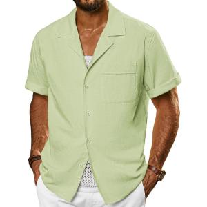 imagePJ PAUL JONES Mens Short Sleeve Button Down Shirts Untuckit Cuban Casual Shirt with Pocket for Summer BeachLight Green
