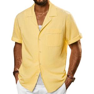 imagePJ PAUL JONES Mens Short Sleeve Button Down Shirts Untuckit Cuban Casual Shirt with Pocket for Summer BeachLight Yellow