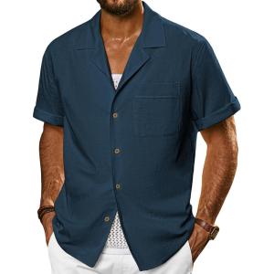 imagePJ PAUL JONES Mens Short Sleeve Button Down Shirts Untuckit Cuban Casual Shirt with Pocket for Summer BeachNavy Blue