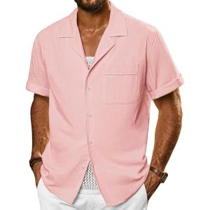 imagePJ PAUL JONES Mens Short Sleeve Button Down Shirts Untuckit Cuban Casual Shirt with Pocket for Summer BeachPink