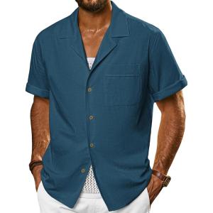 imagePJ PAUL JONES Mens Short Sleeve Button Down Shirts Untuckit Cuban Casual Shirt with Pocket for Summer BeachRoyal Blue