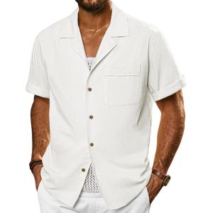 imagePJ PAUL JONES Mens Short Sleeve Button Down Shirts Untuckit Cuban Casual Shirt with Pocket for Summer BeachWhite