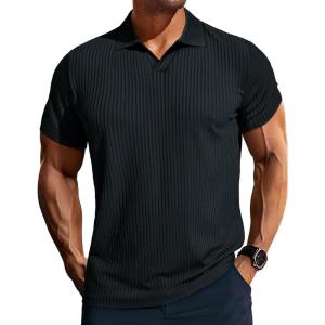 imagePJ PAUL JONES Mens Polo Shirts V Neck Textured Polo Shirt QuickDry Golf ShirtsBlack