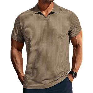 imagePJ PAUL JONES Mens Polo Shirts V Neck Textured Polo Shirt QuickDry Golf ShirtsKhaki