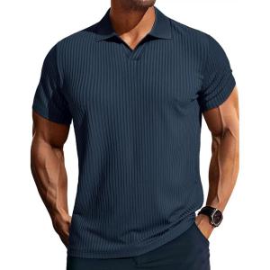 imagePJ PAUL JONES Mens Polo Shirts V Neck Textured Polo Shirt QuickDry Golf ShirtsNavy Blue