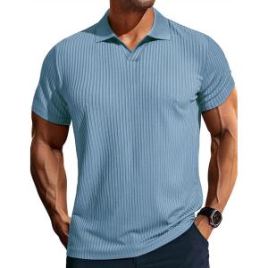 imagePJ PAUL JONES Mens Polo Shirts V Neck Textured Polo Shirt QuickDry Golf ShirtsSky Blue