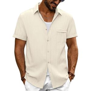 imagePJ PAUL JONES Mens Casual Button Down Shirt Textured Short Sleeve Summer Shirt wih PocketApricot