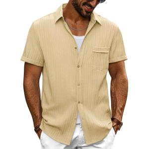 imagePJ PAUL JONES Mens Casual Button Down Shirt Textured Short Sleeve Summer Shirt wih PocketApricot Yellow
