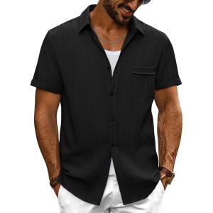 imagePJ PAUL JONES Mens Casual Button Down Shirt Textured Short Sleeve Summer Shirt wih PocketBlack