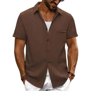 imagePJ PAUL JONES Mens Casual Button Down Shirt Textured Short Sleeve Summer Shirt wih PocketCoffee