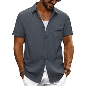 imagePJ PAUL JONES Mens Casual Button Down Shirt Textured Short Sleeve Summer Shirt wih PocketDeep Grey