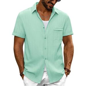 imagePJ PAUL JONES Mens Casual Button Down Shirt Textured Short Sleeve Summer Shirt wih PocketGrey Green
