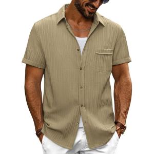imagePJ PAUL JONES Mens Casual Button Down Shirt Textured Short Sleeve Summer Shirt wih PocketKhaki